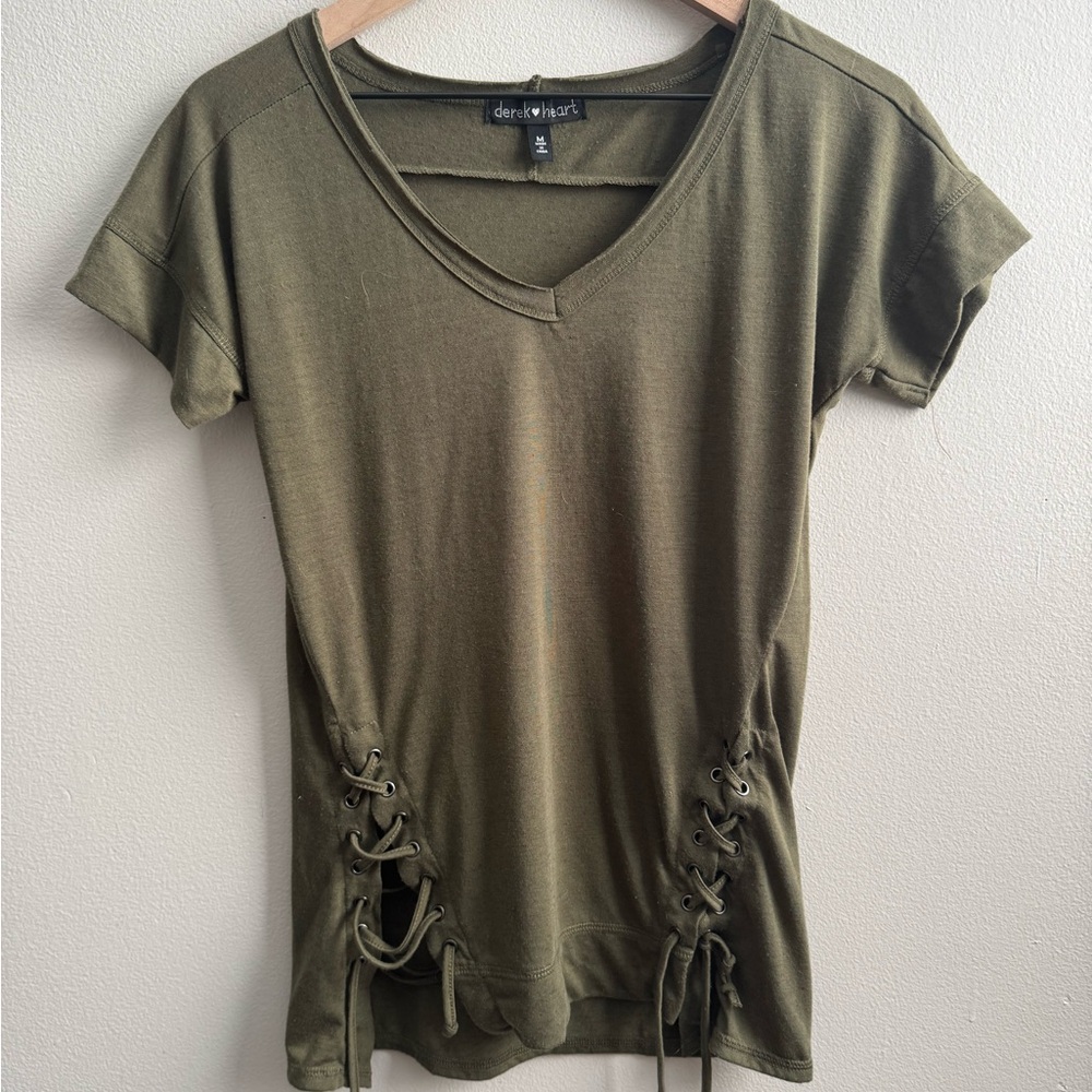 Derek Heart Olive Lace-Up V-Neck Short Sleeve Top